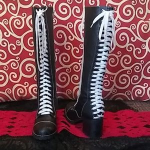 ❤Black Corset Lace Up Boots with Side zipper